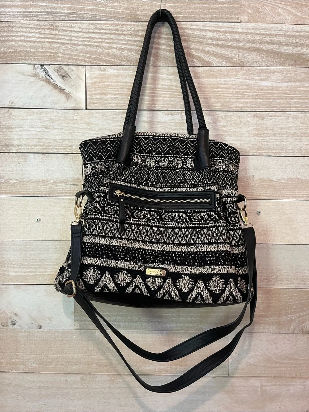 Jessica Simpson Aztec Pattern Black and Cream Patterned Hobo Tote
